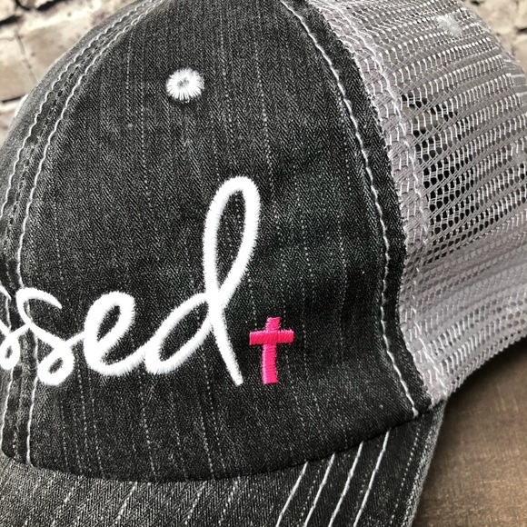 "Blessed" Embroidered & Distressed Trucker Cap - Picture 3 of 8